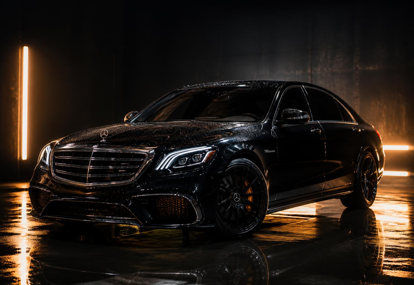 Freshly detailed black luxury sedan glossy under studio lighting